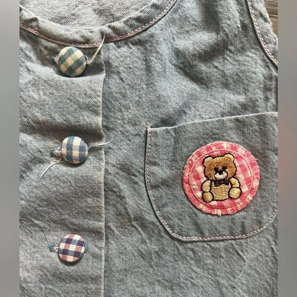 Vintage Bonnie Jean Sport Girls Denim & Tartan Plaid Tiered Hem SleevelessDress